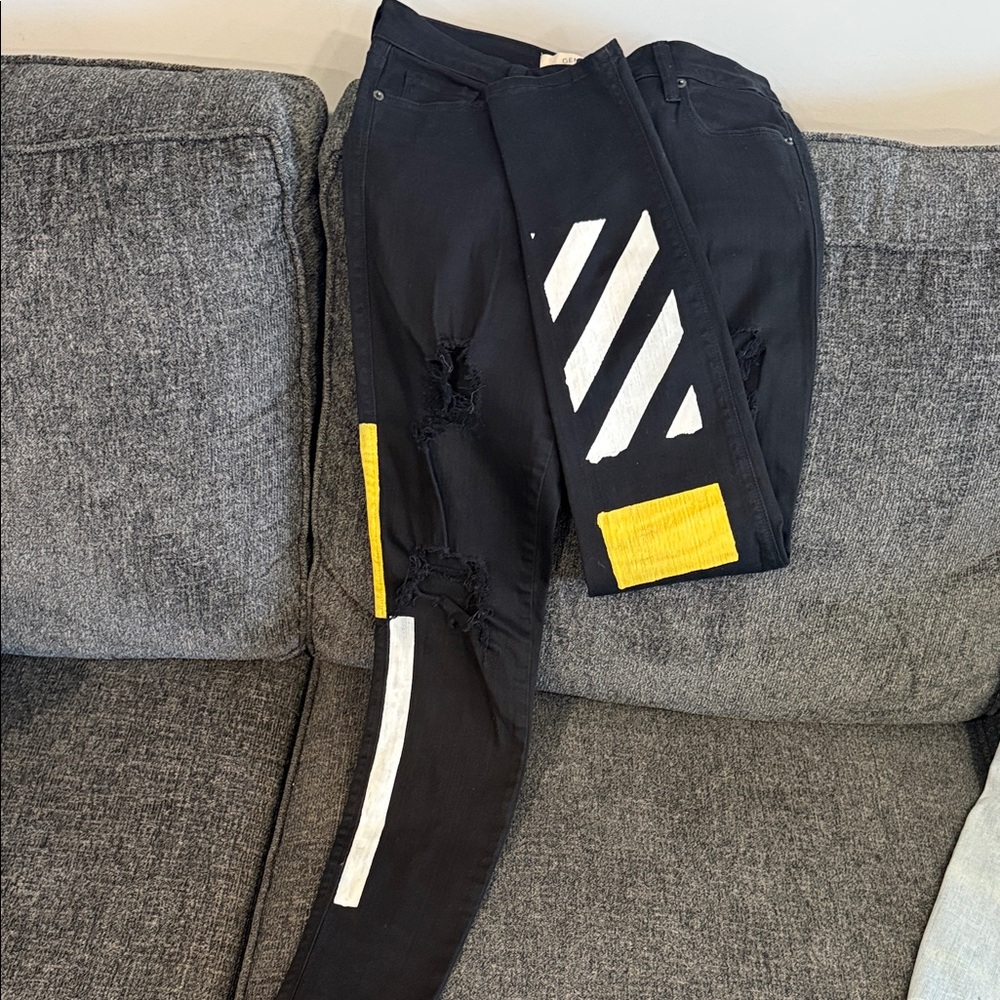 Genetic Denim High Rise Jeans in Black with White and Yellow Accents